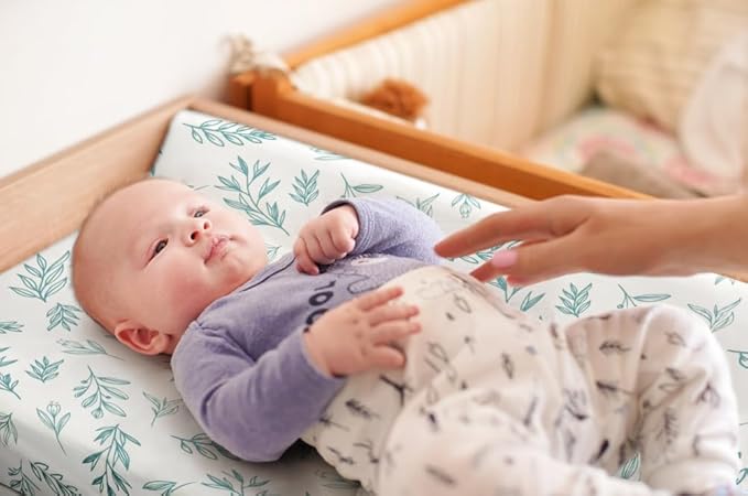 4 Pack Sage Green Fitted Nursery Sheets Breathable Neutral Unisex Baby Sheets for Boys or Girls with Leaf and Flower Design (Changing Pad Cover)-CubbioJoy