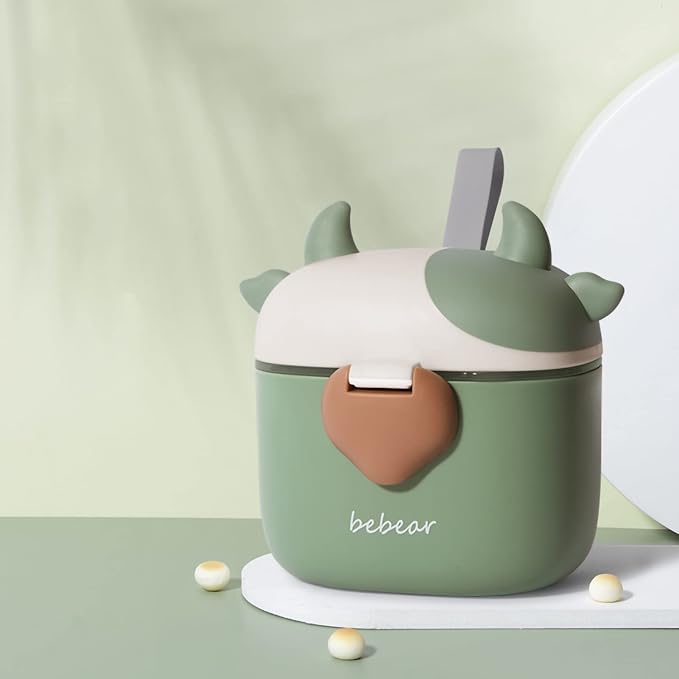 Bebamour Baby Formula Dispenser, BPA Free Portable Milk Powder and Candy Fruit Snack Storage Container with Scoop and Leveller for Travel, 450 ML, Green Cow-CubbioJoy