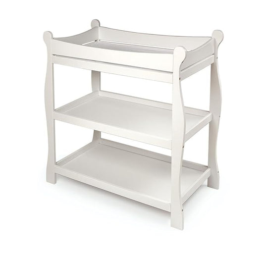 Badger Basket Sleigh Style Baby Changing Table - Nursery Diaper Station with Safety Rails, Foam Pad, and Two Storage Shelves - Nursery Organizer - White-CubbioJoy