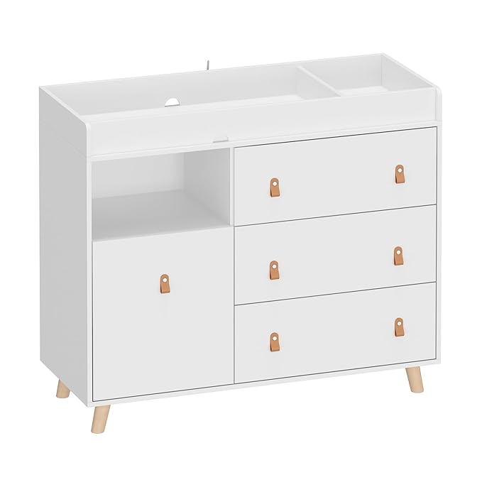 Baby Dresser Changing Table with Drawers,Shelf,Hidden Laundry Basket Storage,2 in 1 Nursery Dresser Chest for Infants, Baby Diaper Changing Station for Daycare,Bedroom,White-CubbioJoy