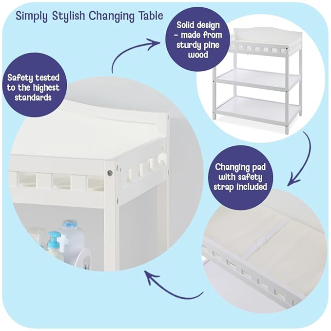 Badger Basket Baby Changing Table with Pad & Shelves - Wooden Changing Table with Storage - Nursery Change Table for Diapers & Baby Essentials, White-CubbioJoy