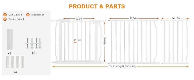 30" Tall Extra Wide Baby Gates for Doorways & Stairs - Large, Long Pressure Mounted Metal Safety Gates for Kids & Dogs - White (71.5-76.38 Inch)-CubbioJoy