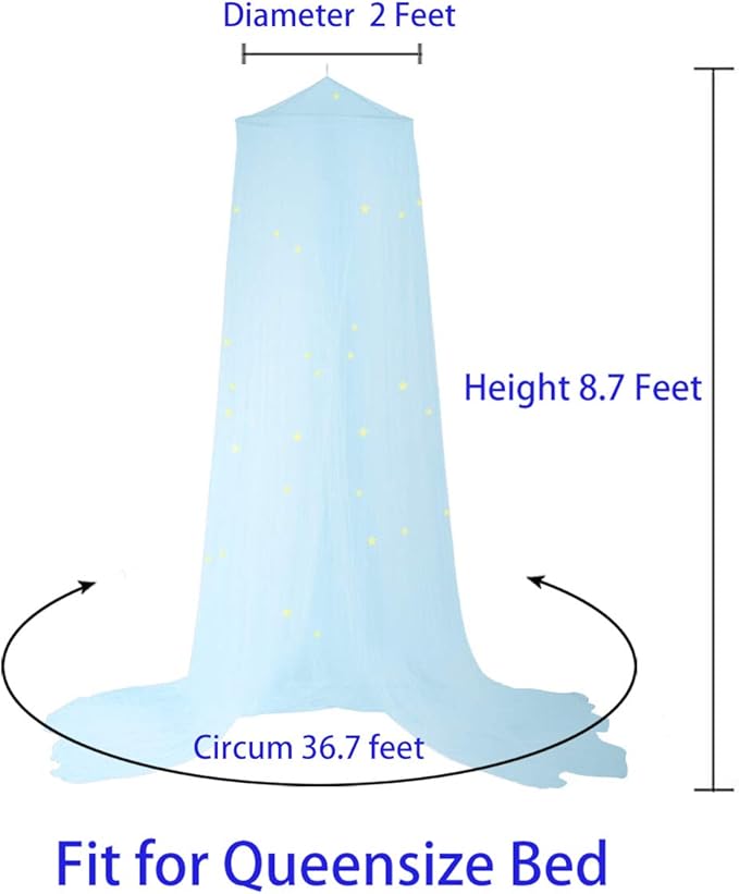 BCBYou Bed Canopy Mosquito Net with Fluorescent Stars Glow in Dark for Baby, Kids, and Adults, for Cover The Baby Crib, Kid Bed, Girls Bed Or Full Size Bed (Light Blue)-CubbioJoy