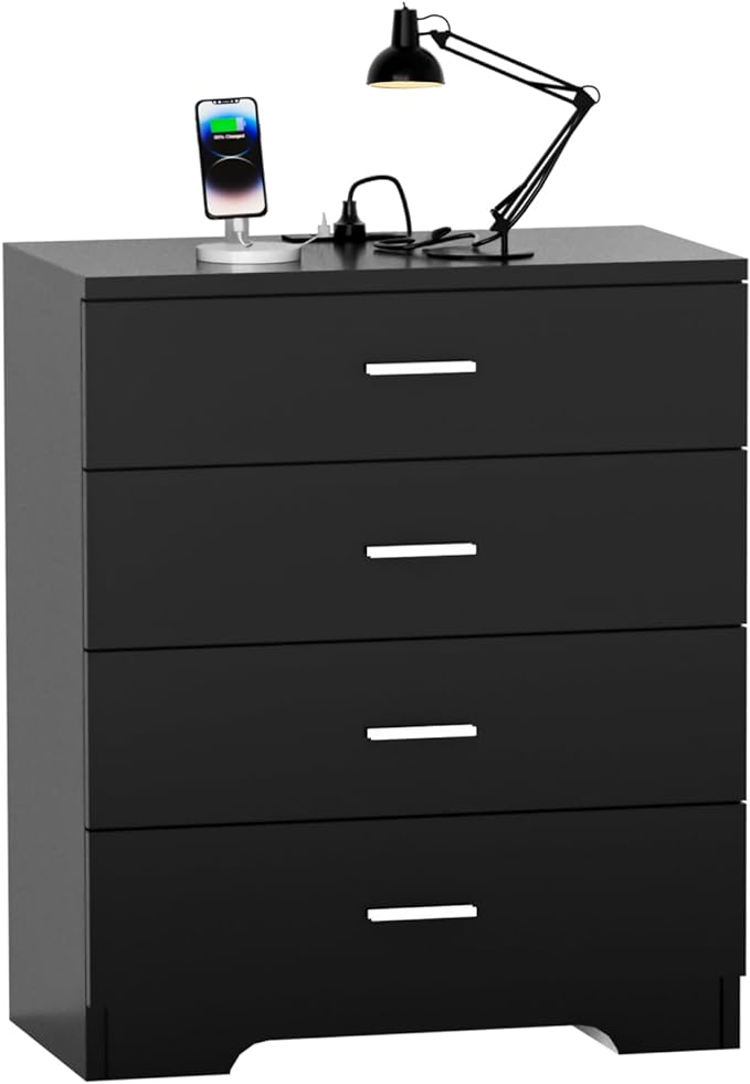 Dresser with Power Outlets Wooden 4 Drawer Dresser with USB and Type C Port Chest of Drawers for Bedroom Tall Black Organizer Storage for Living Room Hallway Closet-CubbioJoy