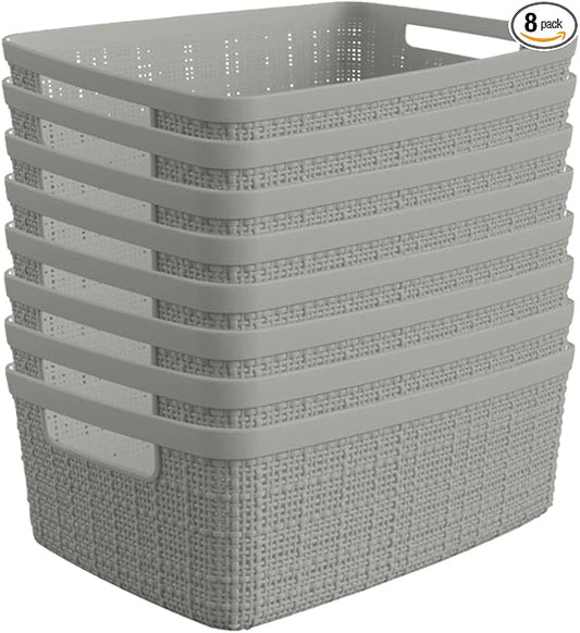 Curver Jute Decorative Plastic Organization and Storage Basket Perfect Bins for Home Office, Closet Shelves, Kitchen Pantry and All Bedroom Essentials, Small, Grey, Set of 8-CubbioJoy