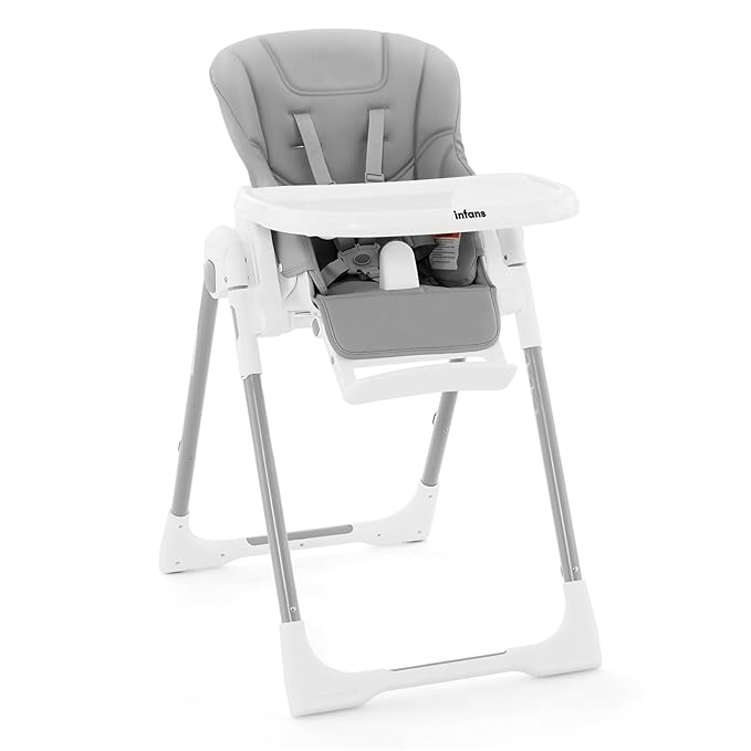 INFANS High Chair for Babies & Toddlers, Foldable Highchair with Multiple Adjustable Backrest Footrest Seat Height, Removable Tray, Detachable PU Leather Cushion, Built-in Rear Wheels (Light Grey)-CubbioJoy