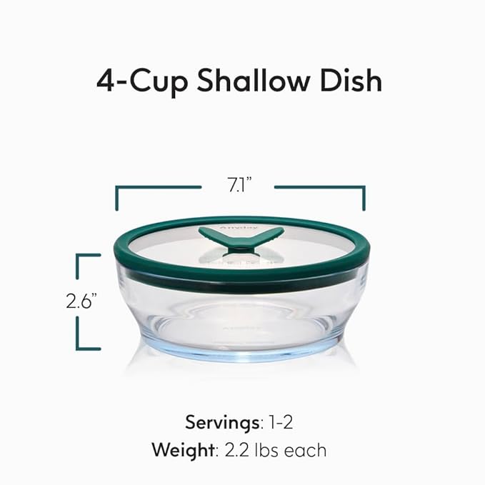 Anyday 4-Cup Glass Food Storage with Glass Lid, Round Shallow Dish | Plastic-Free Meal Prep & Microwave Cookware | Stackable Airtight Storage Container with Vented Lid for Microwave-Safe Reheating-CubbioJoy