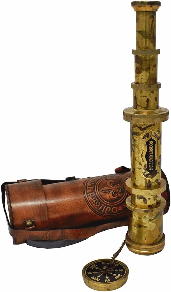 Antique Brass Pirate Telescope Camping Accessories Telescope for Adults Marine Sailor's Spyglass, 18 inch Brass Made w High Resolution Magnification w Brown Leather Case Nautical Gift-CubbioJoy