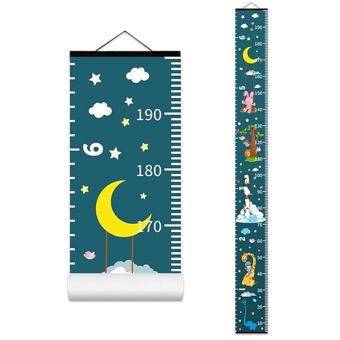 Baby Height Growth Chart - Canvas Height Chart for Kids Baby Child Toddler Boys Girls Growth Chart for Wall Room Nursery Decor Hangable and Removable Measuring Wall Ruler (Moon Rabbit, Black Wood)-CubbioJoy