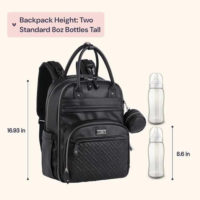 BabbleRoo Leather Diaper Bag Backpack - Baby Essentials Travel Baby Bag, Multi function, with Changing Pad, Stroller Straps & Pacifier Case – Unisex, Black-CubbioJoy
