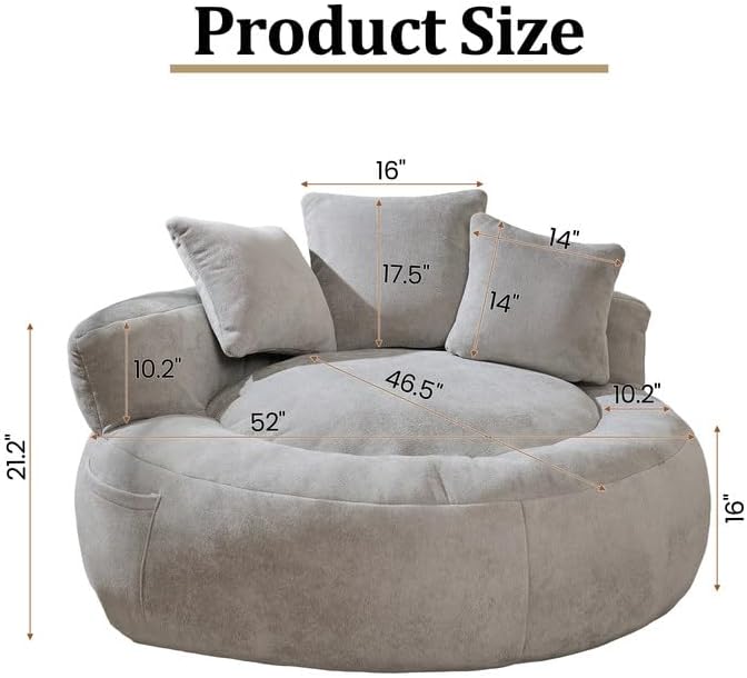 Bean Bag Chair for Adults, Comfortable Bean Bag Sofa with Back Support and Pillows, Giant Bean Bag Chairs Suitable for Living Rooms, Bedrooms and Apartments -Light Gray-CubbioJoy