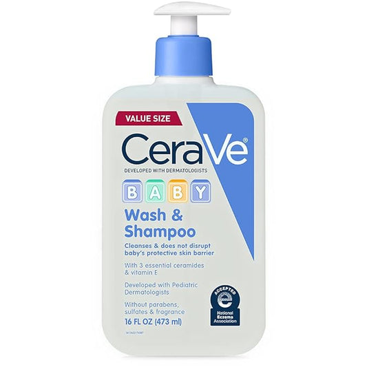 CeraVe Baby Wash & Shampoo, 2-in-1 Tear-Free for Skin Hair Fragrance, Paraben, Dye, Phthalates Sulfate Free Bath, Soap with Vitamin E 16 Ounce-CubbioJoy