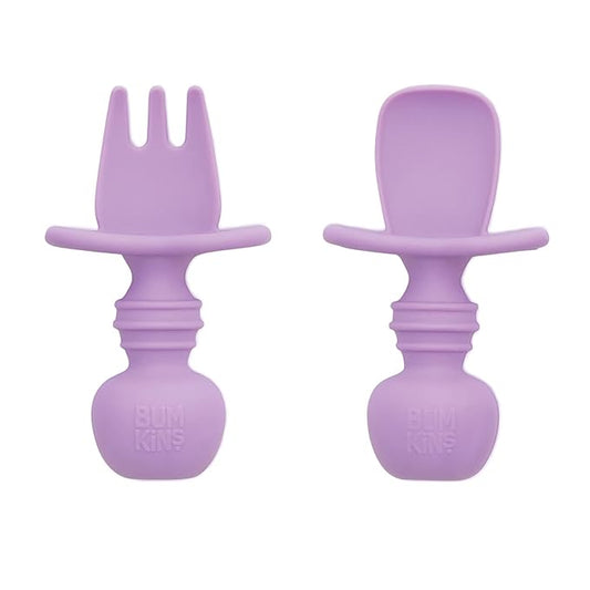 Bumkins Baby Utensils Set, Chewtensils Silicone Spoons for Dipping, Self-Feeding, Baby Led Weaning, Trainer Learning, First Stage Eating, Soft Practice Fork and Spoon, Babies 6 Months, Lavender-CubbioJoy