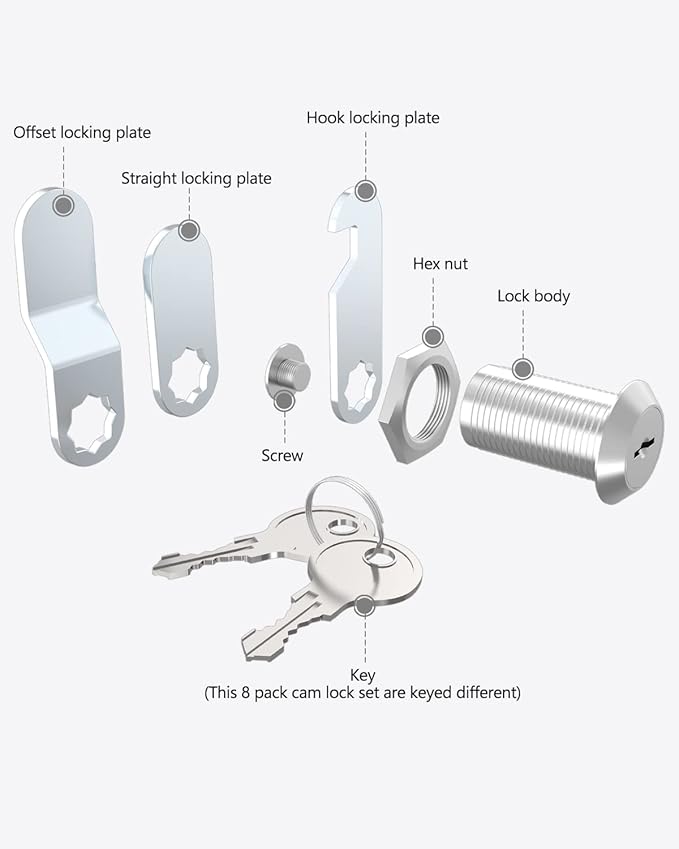 8 Packs Drawer and Cabinet Locks (Keyed Different) Secure Important Files, 1-1/8Inch 30mm Cam Locks with 3 pcs Different Lock Plates for Cabinet Cupboard File Drawer Mailbox Dresser Kitchen-CubbioJoy