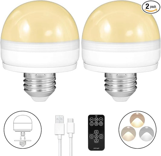 BLUEYE Rechargeable Light Bulbs,2Pack,7W,Remote Control,Soft Warm 2700K-6000K,50W Equivalent,450Lumens,Flicker-Free,E26 Detachable Charging,E12 Available,Battery Operated Emergency Lamp for No Outlet-CubbioJoy