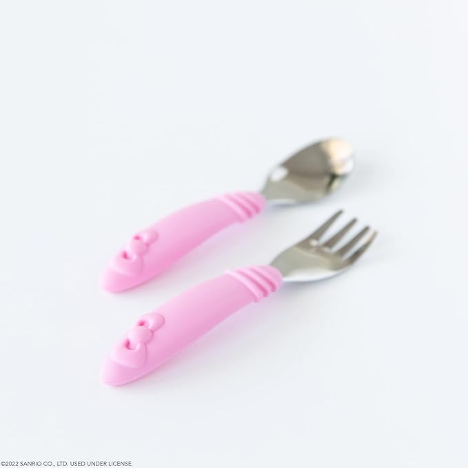 Bumkins Toddler Utensils, Kids Size Fork and Spoon Set, Silicone and Stainless-Steel Training Silverware, Angled Fork / Spork for Self-Feeding, Children Learning to Eat, 18 Mos Up, Hello Kitty Pink-CubbioJoy