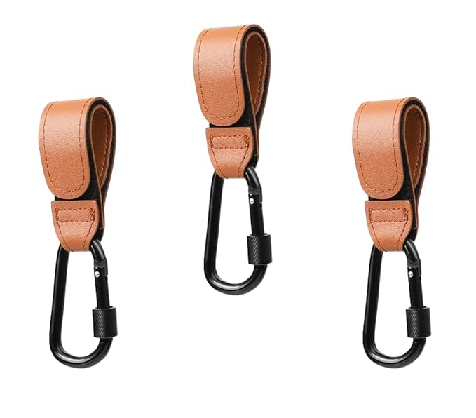 3 Pcs Baby Stroller Hook, Carry 20 lbs per Stroller Carabiner Clip, Adjustable Baby Stroller & Car Seat Hook for Hanging Diaper Bag, Wheelchair, Shopping and Pet Cart(Leather)-CubbioJoy