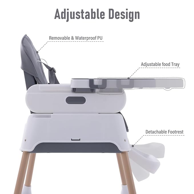 3 in 1 Baby High Chair,Adjustable Convertible Infant Baby Feeding Chair Booster for Eating with Detachable Double Tray,5 Point Harness,Deep Gray-CubbioJoy