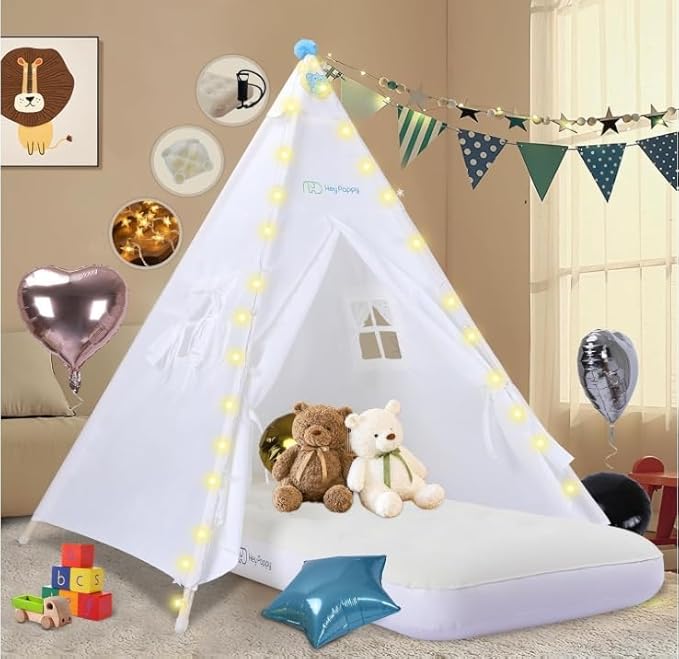 6 Pack Teepee Tent for Kids with Inflatable Airbed, Light, Toddler Tent Children Room Tents, Slumber Party Sleepover Tents, Indoor Outdoor Kids Playtent Playhouse for Girls & Boys-CubbioJoy