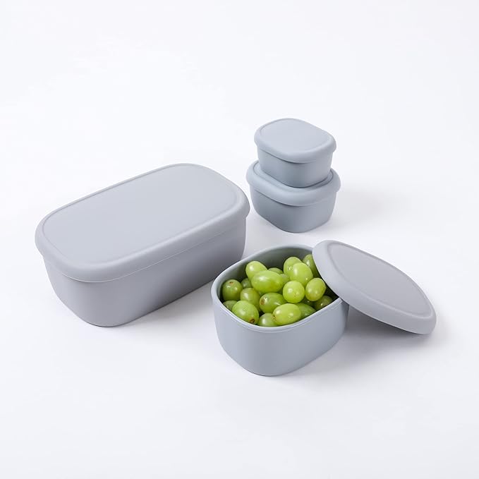 BLUE GINKGO Nesting Silicone Containers - Set of 3 Hard-Shell Silicone Food Storage Containers | BPA Free, Airtight, Dishwasher and Freezer Safe (6.7oz, 10oz, 20oz) - Grey-CubbioJoy