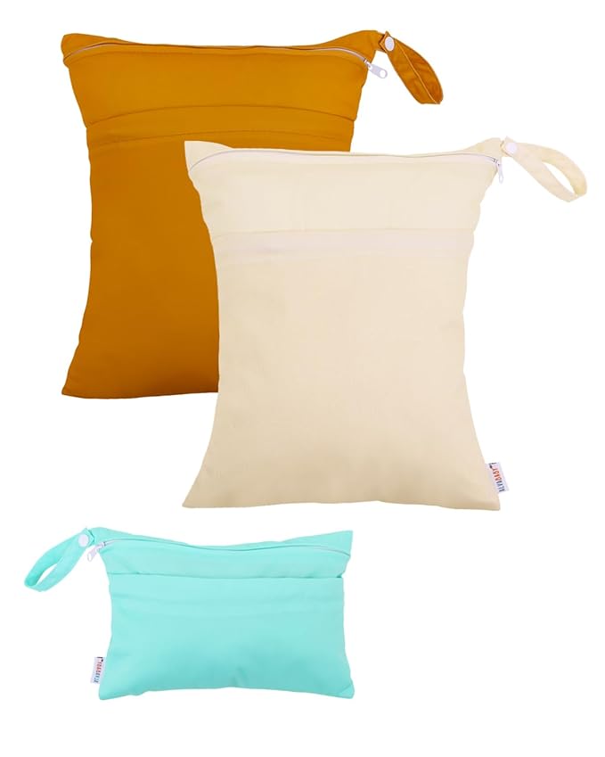 ALVABABY 3 Cloth Diaper Wet Dry Bags Waterproof Reusable with Two Zippered Pockets Travel Beach Pool Daycare Soiled Baby Items Yoga Gym Bag for Swimsuits or Wet Clothes Small medium Large 3L-SML03-CubbioJoy
