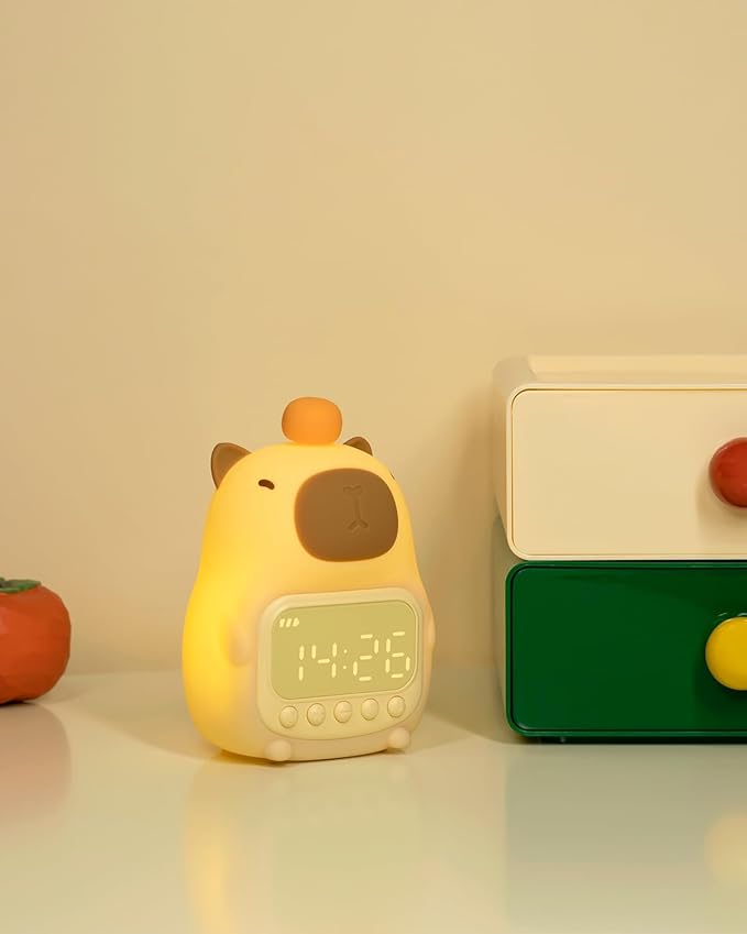 Capybara Alarm Clock with Night Light for Kids, Cute Toddler Alarm Clocks for Bedrooms Ok to Wake Clocks for Girls and Boys, Rechargeable Silicone Animal Tabletop Lamp for Kid-CubbioJoy
