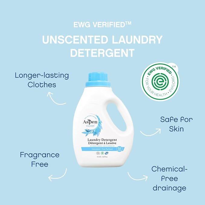 AspenClean Natural Laundry Detergent Unscented - 100% Natural, Organic, HE Liquid Laundry Detergent- Vegan, Non-Bio, Cruelty-Free, Biodegradable - Safe for Babies, Pets & Kids - EWG Certified (2 pack)-CubbioJoy