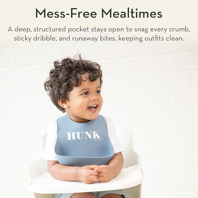 Baby Bib for Eating by Bella Tunno, Waterproof Silicone Bib with Large Food Catcher, Adjustable Fit for Babies 4-12 months & Toddlers 1-3 Years, Boys & Girls, Hunk-CubbioJoy