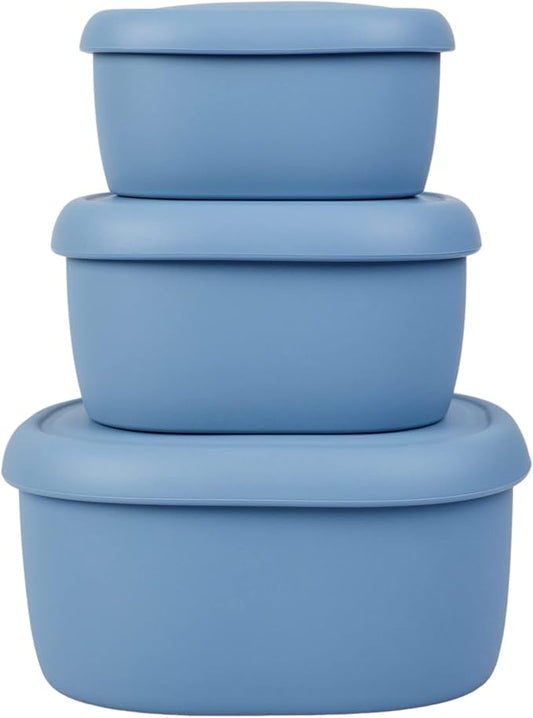 BLUE GINKGO Nesting Silicone Containers - Set of 3 Hard-Shell Silicone Food Storage Containers | BPA Free, Airtight, Dishwasher and Freezer Safe (6.7oz, 10oz, 20oz) - Blue-CubbioJoy