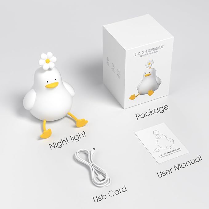 Cute Duck Night Light for Baby, Kids, Toddler, Ambient Nursery Nightlight, Soothing Lamp 3 Level Dimmable, Sleeping Accompanion for Bedroom Bedside, Rechargeable Battery, 30 Min Timer Off-CubbioJoy