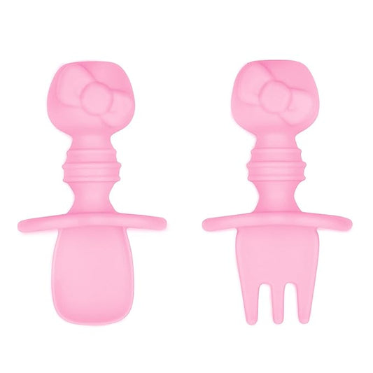 Bumkins Baby Utensils Set, Chewtensils Silicone Spoons for Dipping, Self-Feeding, Baby Led Weaning, Trainer Learning, First Stage Eating, Soft Practice Fork and Spoon, 6 Months, Hello Kitty Pink-CubbioJoy
