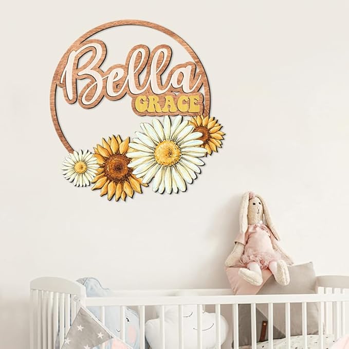 Custom wooden nursery name sign, Boho nursery wood 2 layer, Floral nursery name sign for girls, Daisy Sunflower Baby name signs for nursery, Wood name signs, Baby shower, Nursery decor flower gift/18-CubbioJoy