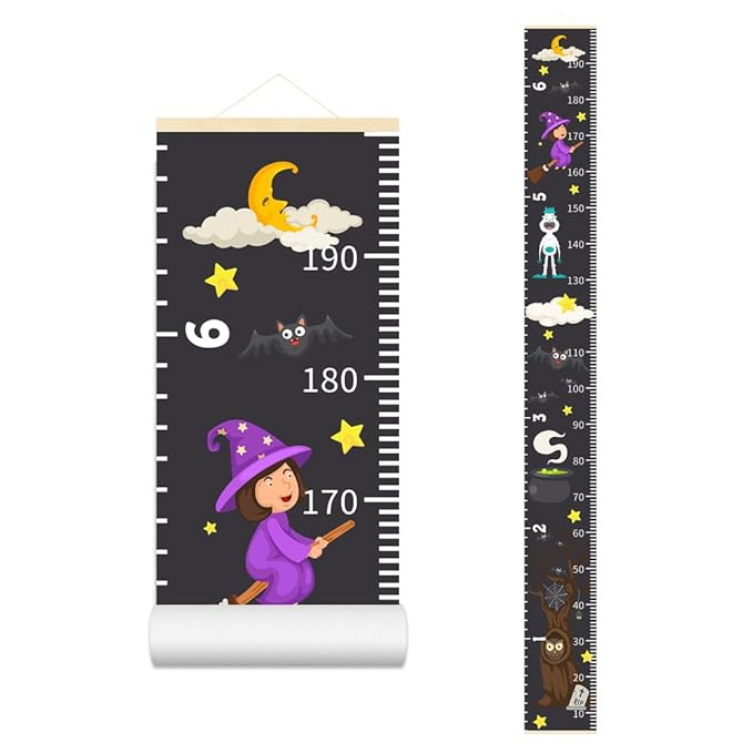 Baby Height Growth Chart - Canvas Height Chart for Kids Baby Child Toddler Boys Girls Growth Chart for Wall Room Nursery Decor Hangable and Removable Measuring Wall Ruler (Witch, Beige Wood)-CubbioJoy