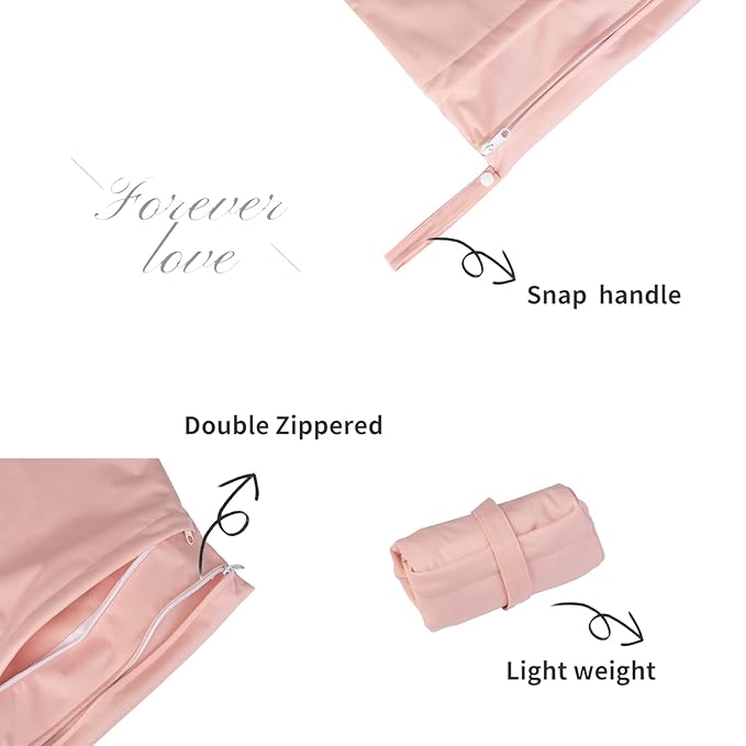 ALVABABY 3pcs Baby Cloth Diaper Wet/Dry Bags|Waterproof Reusable with Two Pockets|Travel, Beach, Pool, Daycare, Soiled Baby Items,Yoga，Gym Bag for Swimsuits or Wet Clothes (3 pcs in SML, Pink) 3L-B19-CubbioJoy