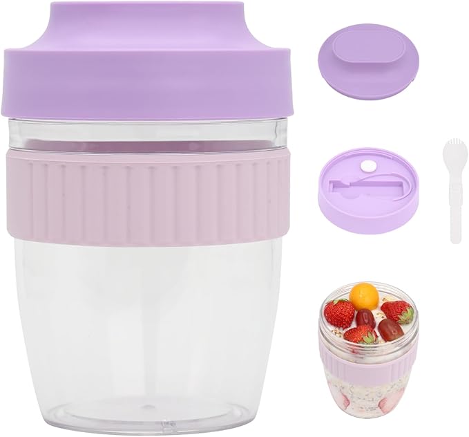 Breakfast On The Go Cups, Overnight Oats Containers With Lid And Folding Spoon, Take And Go Yogurt Cereal Snack Parfait Salad Containers For Lunch, Fruit & Vegetable Jar, 20 oz(Purple)-CubbioJoy
