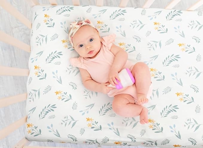 4 Pack Sage Green Fitted Nursery Sheets Breathable Neutral Unisex Baby Sheets for Boys or Girls with Leaf and Flower Design Standard Crib Sheet (Green, Crib Sheet)-CubbioJoy