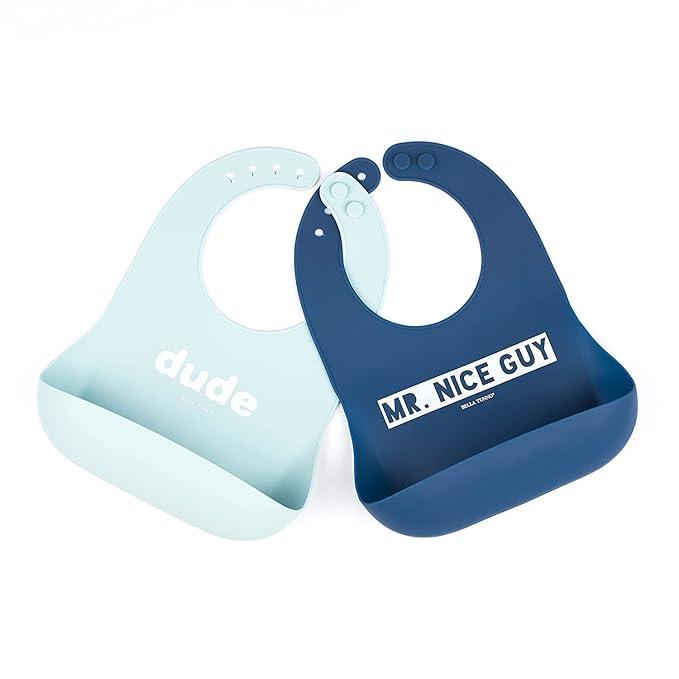 Baby Bib for Eating by Bella Tunno, Set of 2 Waterproof Silicone Bibs with Large Food Catcher, Adjustable Fit for Babies 4-12 months & Toddlers 1-3 Years, Boys & Girls, Dude & Mr Nice Guy-CubbioJoy