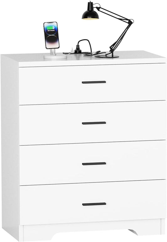 Dresser with Power Outlets Wooden 4 Drawer Dresser with USB and Type C Port Chest of Drawers for Bedroom Tall White Organizer Storage for Living Room Hallway Closet-CubbioJoy