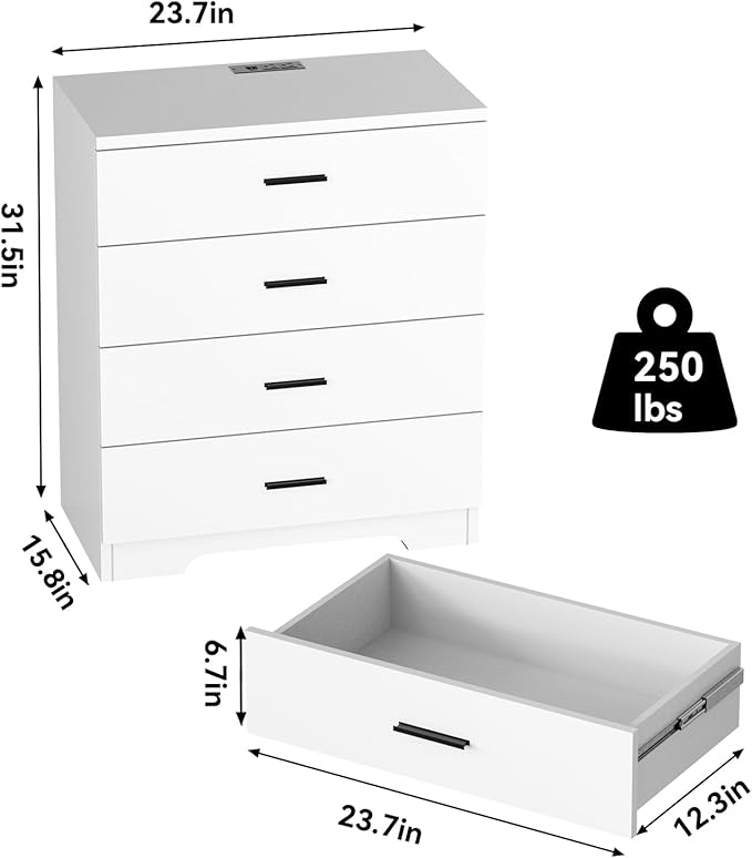 Dresser with Power Outlets Wooden 4 Drawer Dresser with USB and Type C Port Chest of Drawers for Bedroom Tall White Organizer Storage for Living Room Hallway Closet-CubbioJoy