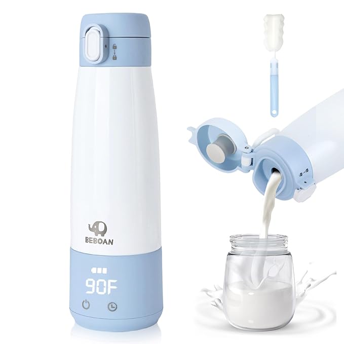 BEBOAN Portable Bottle Warmer for Travel On The Go, Portable Milk Warmer 5-Temp Setting with Lock 12oz Large Capacity, Cordless for Heating Breast Milk Charging with 55w Charger to Get Fast Charging-CubbioJoy