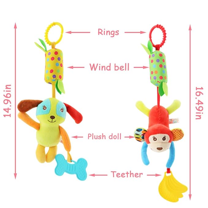 4 PCS Baby Soft Hanging Rattle Crinkle Squeaky Toy - Baby Toys for 0 3 6 9 to 1 Animal Ring Plush Stroller Infant Car Bed Crib Travel Activity Hanging Wind Chime with Teether for Boys Present-CubbioJoy