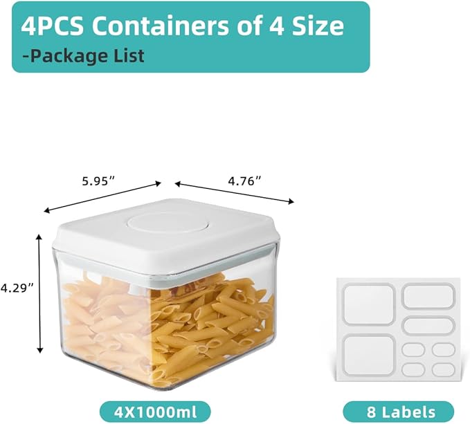 Ankou Airtight Container Set (1000ml 4 Pcs) Stackable One Press Openning Food Containers for Snacks Sugar Salt Herbs Spices Coffee Bean Formula Popcorn BPA-Free Tight Seal - Clear (1.0 QT * 4)-CubbioJoy