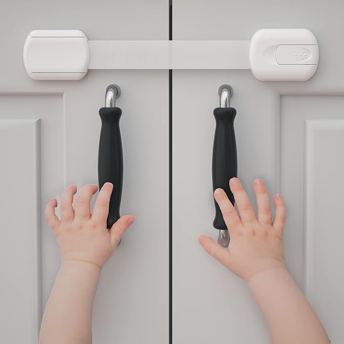 4our Kiddies Child Safety Cabinet Locks for Babies (2 Pack) Child Proof Latches for Cabinets and Drawers Doors, Baby Proofing Cabinet Strap Locks for Cupboards, Fridge, Toilet and Closet-CubbioJoy