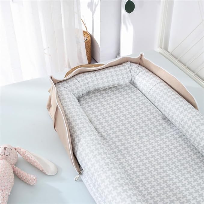 Baby Lounger for Newborn Portable Bag,Baby Nest Play Gym mat with Strap,Newborn Lounger Adjustable Size & Inner Zipper Lengthen Space to 24 Months(Gray Thousand Bird Check)-CubbioJoy