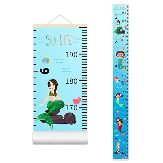 Baby Height Growth Chart - Canvas Height Chart for Kids Baby Child Toddler Boys Girls Growth Chart for Wall Room Nursery Decor Hangable and Removable Measuring Wall Ruler (Mermaid, Beige Wood)-CubbioJoy