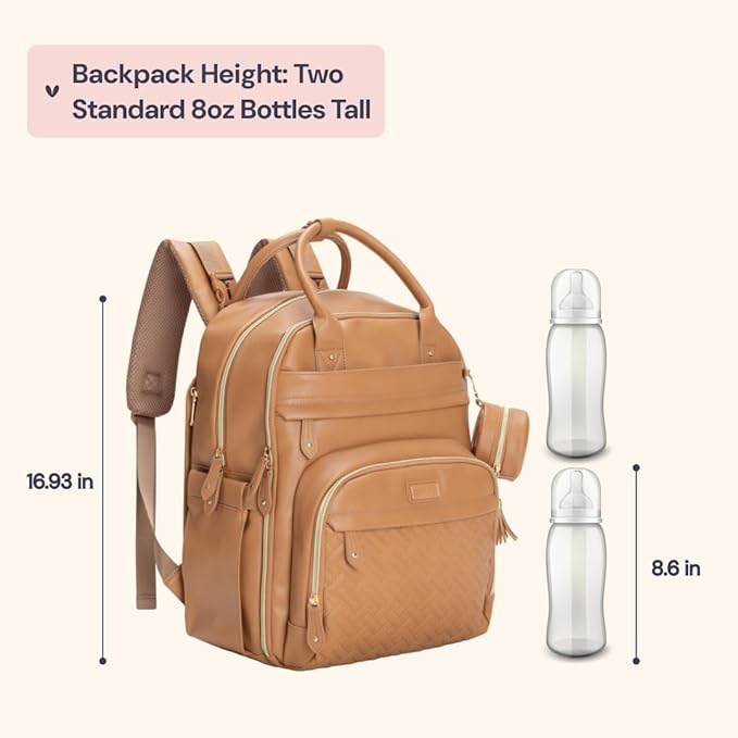 BabbleRoo Leather Diaper Bag Backpack - Baby Essentials Travel Baby Bag, Multi function, Waterproof, with Changing Pad, Stroller Straps & Pacifier Case – Unisex, Light Brown-CubbioJoy