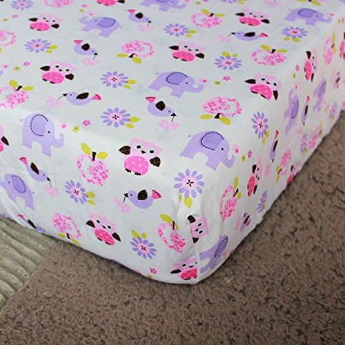 Brandream Crib Bedding Set 3 Pieces Purple Baby Girls Cotton Patchwork Flowers Elephant Owl Nursery with Ruffle Design, Princess Lovely Cute Breathable Healthy-CubbioJoy