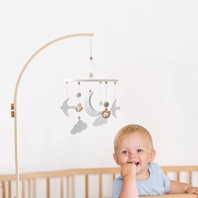 Baby Crib Mobile Arm - Wooden Baby Mobile Crib Holder for Hanging Baby Crib Attachment for Nursery Decor (Curved Structural Arm)-CubbioJoy