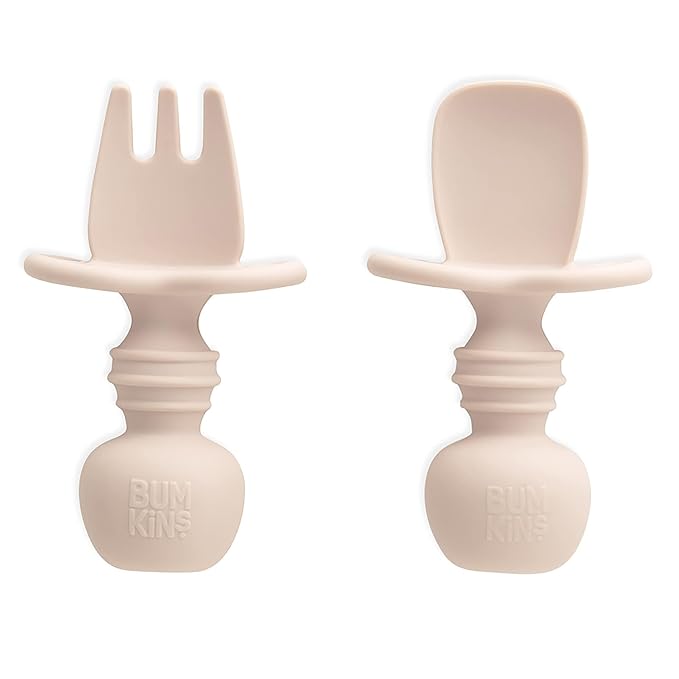 Bumkins Baby Utensils Set, Chewtensils Silicone Spoons for Dipping, Self-Feeding, Baby Led Weaning, Trainer Learning, First Stage Eating, Soft Practice Fork and Spoon, Babies 6 Months, Sand Beige-CubbioJoy