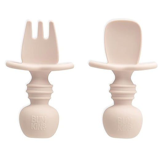 Bumkins Baby Utensils Set, Chewtensils Silicone Spoons for Dipping, Self-Feeding, Baby Led Weaning, Trainer Learning, First Stage Eating, Soft Practice Fork and Spoon, Babies 6 Months, Sand Beige-CubbioJoy